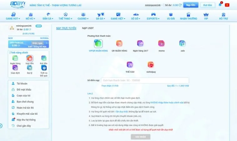 Hướng Dẫn Nạp Tiền 8Day Nhanh Chóng An Toàn Nhận Thưởng 100% 2 Các phương thức nạp tiền 8Day