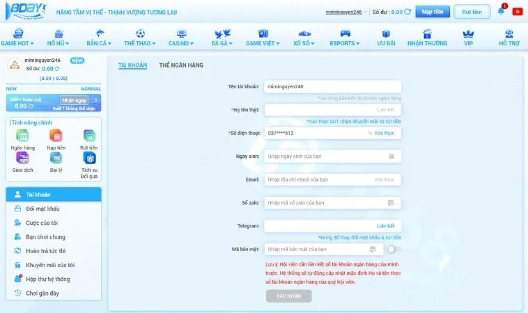 Giao diện rút tiền 8Day